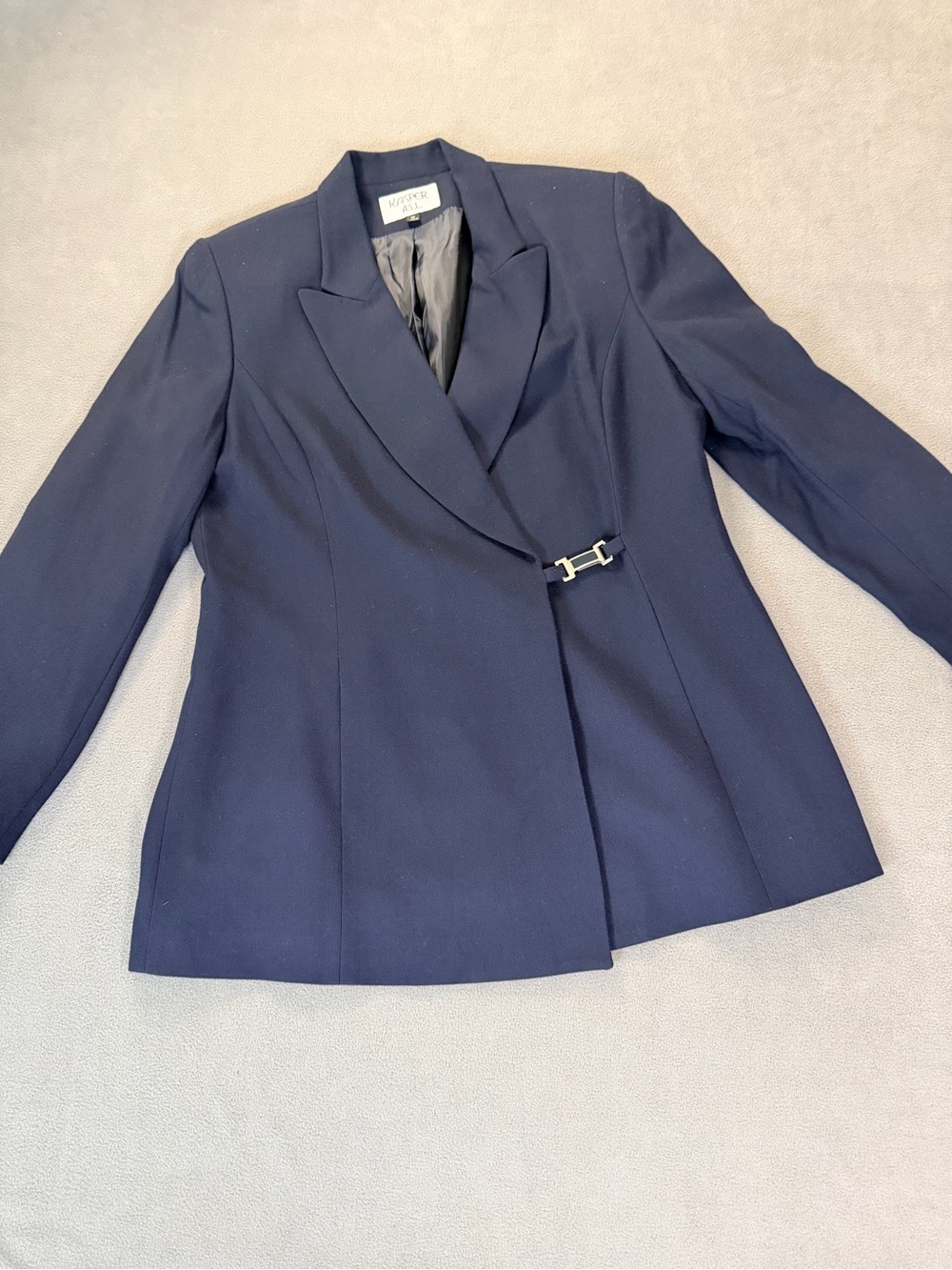 Kasper Women’s Navy Double Breasted Suit Jacket/ Blazer-Metal Side Hook -Size 14